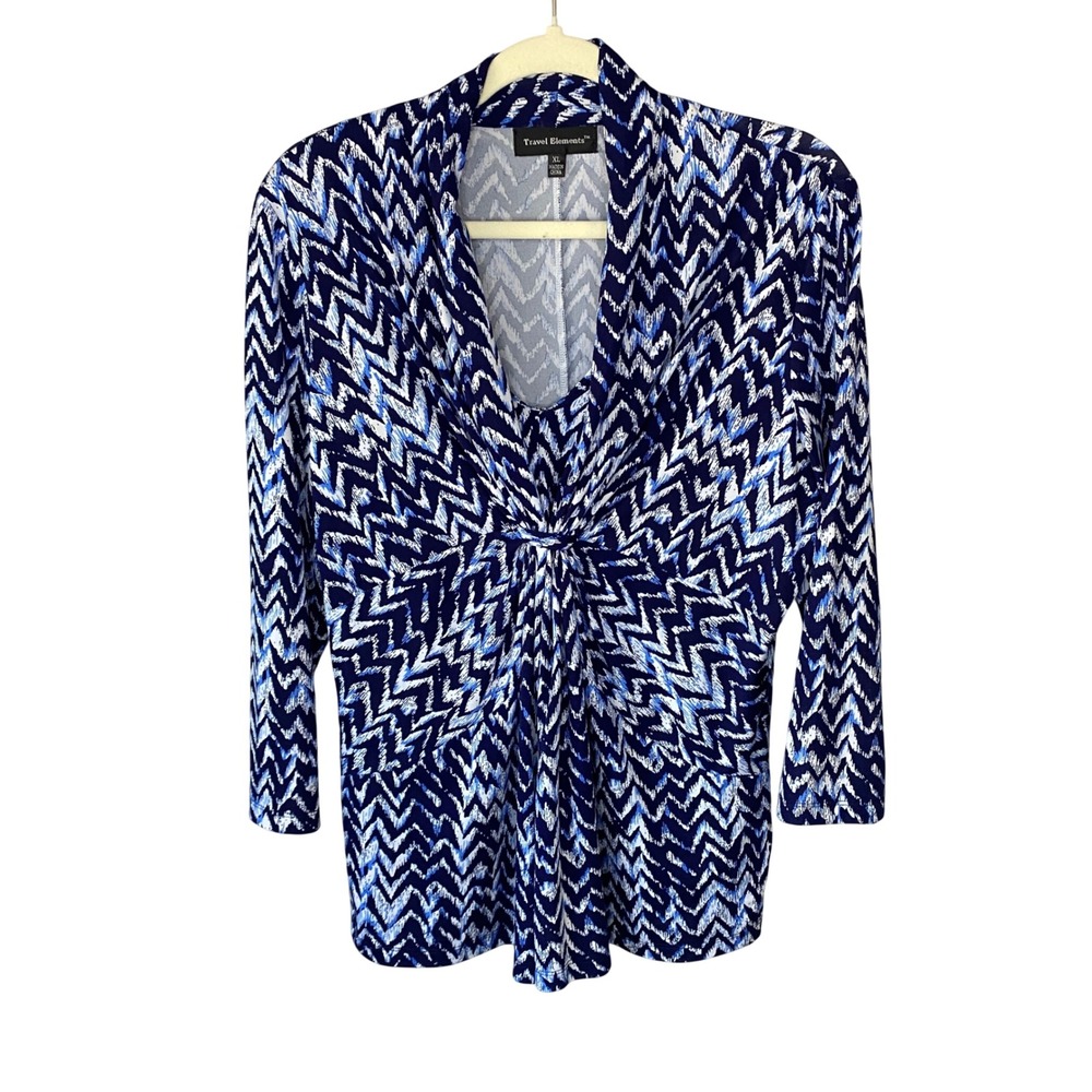 Travel Elements XL Blue White Chevron Zig-Zag Twist Knot V-Neck 3/4 Sleeve Top